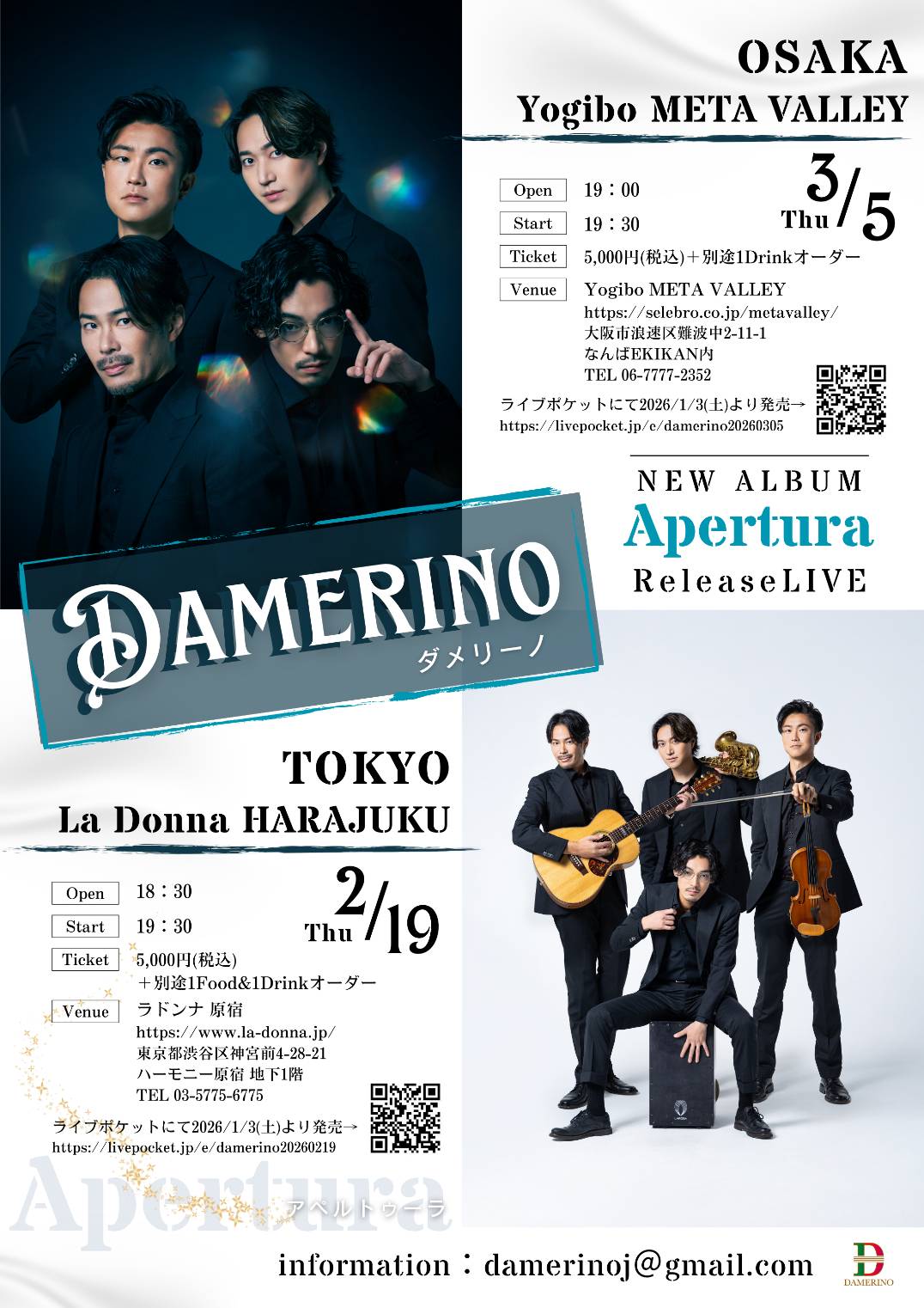 DAMERINO<br>NEW ALUBUM  Apertura<br>Release LIVE